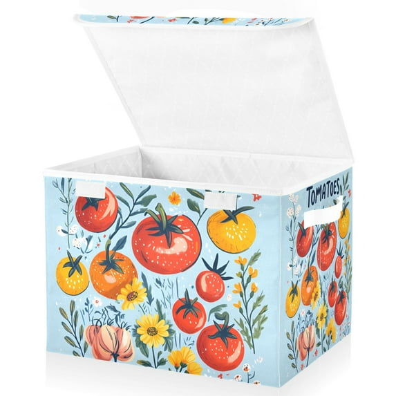 Yayeee Collapsible Cube Storage Bin with Lid Fabric Closet Decorative Basket with Handles, Yellow Floral Tomatoes