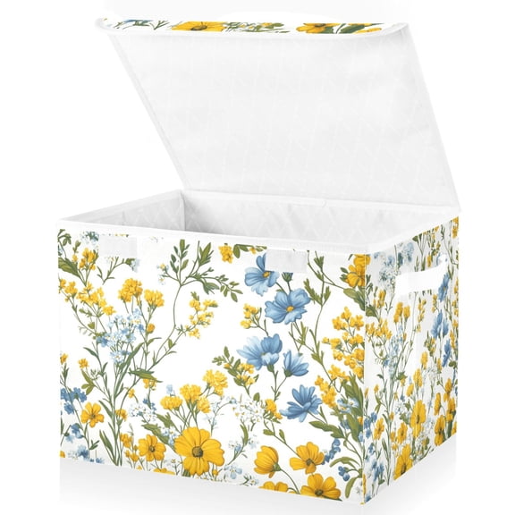 Yayeee Collapsible Cube Storage Bin with Lid Fabric Closet Decorative Basket with Handles, Yellow Floral