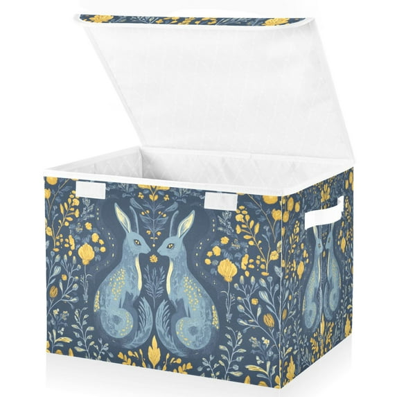 Yayeee Collapsible Cube Storage Bin with Lid Fabric Closet Decorative Basket with Handles, Yellow Forest Pattern