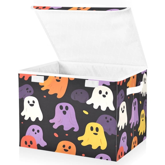 Yayeee Collapsible Cube Storage Bin with Lid Fabric Closet Decorative Basket with Handles, Yellow Halloween Ghosts
