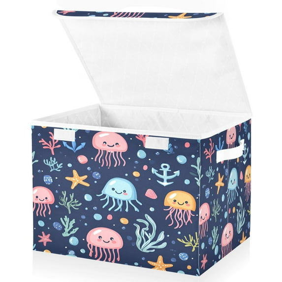 Yayeee Collapsible Cube Storage Bin with Lid Fabric Closet Decorative Basket with Handles, Yellow Jellyfish