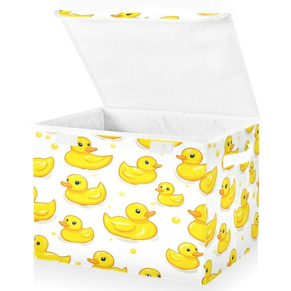 Yayeee Collapsible Cube Storage Bin with Lid Fabric Closet Decorative Basket with Handles, Yellow Rubber Ducks