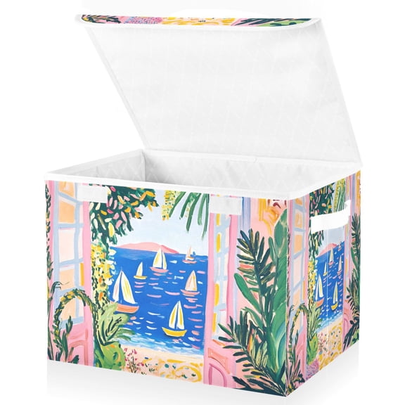 Yayeee Collapsible Cube Storage Bin with Lid Fabric Closet Decorative Basket with Handles, Yellow Seaside