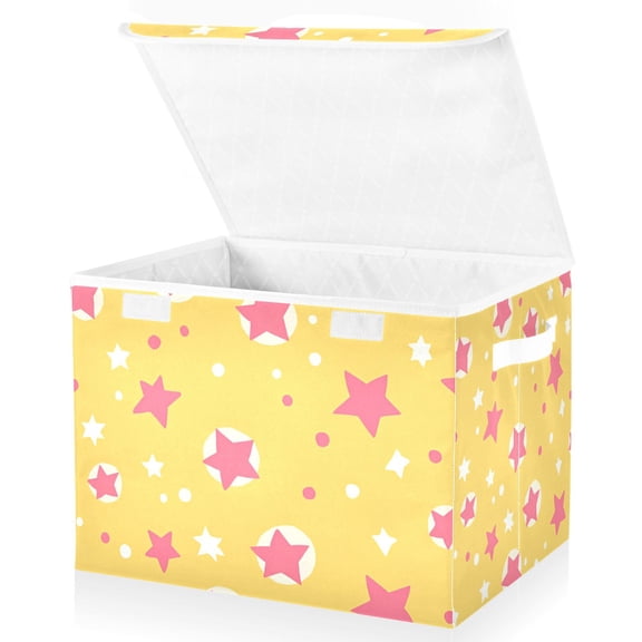 Yayeee Collapsible Cube Storage Bin with Lid Fabric Closet Decorative Basket with Handles, Yellow Stars
