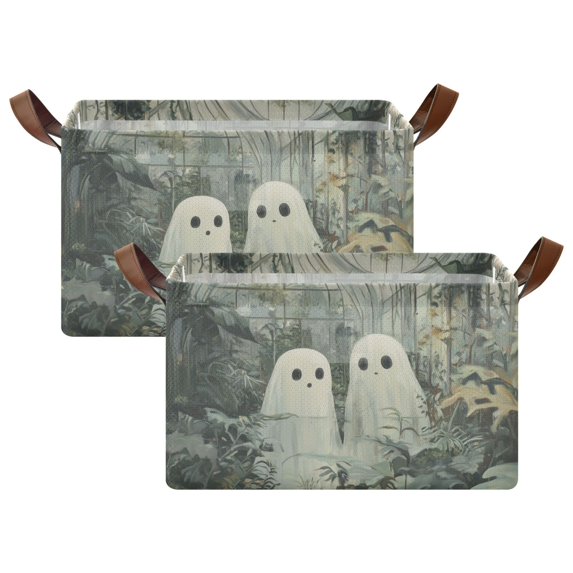 Yayeee Foldable Storage Basket for Shelves with Handles Set of 2 Waterproof Cloth Bins, Ghosts Playing in A Garden