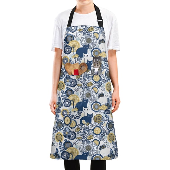 Yayeee Cooking Apron with Pockets Unisex Kitchen Water Resistant Adjustable Neck Strap, Cartoon Floral Cat Pattern