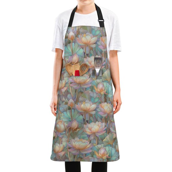 Yayeee Cooking Apron with Pockets Unisex Kitchen Water Resistant Adjustable Neck Strap, Colorful Water Lilies Pattern