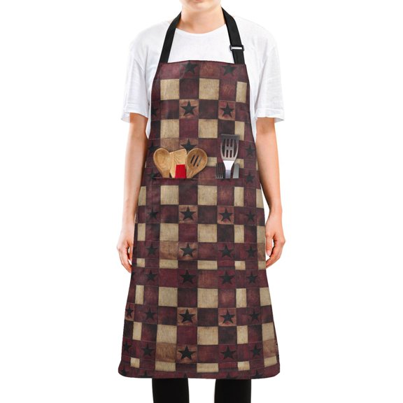 Yayeee Cooking Apron with Pockets Unisex Kitchen Water Resistant Adjustable Neck Strap, Star Spangled Squares