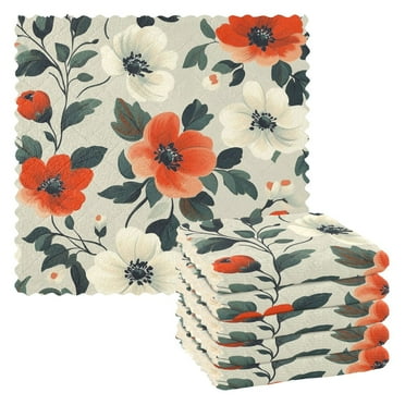 Yayeee Dish Cloths for Washing Dishes Set of 6 Microfiber Strong Absorbent Towels, Large Red Floral Pattern