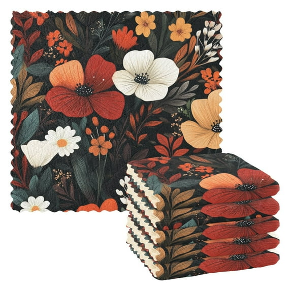 Yayeee 6 Pack Kitchen Dish Cloths for Washing Dishes Soft Absorbent Microfiber Towels, Red Flowers Pattern