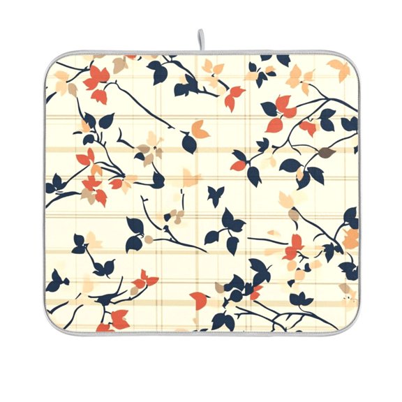 Yayeee Dish Drying Mat for Kitchen Counter 16"x18" Microfiber Absorbent Pad, Beige Leaves Plaid