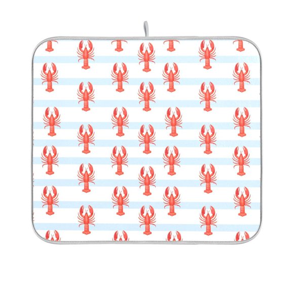 Yayeee Dish Drying Mat for Kitchen Counter 16"x18" Microfiber Absorbent Pad, Blue Stripes Lobster Pattern