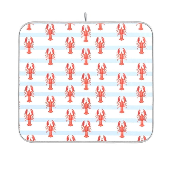 Yayeee Dish Drying Mat for Kitchen Counter 16"x18" Microfiber Absorbent Pad, Blue Stripes Lobster Pattern