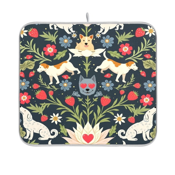 Yayeee Dish Drying Mat for Kitchen Counter 16"x18" Microfiber Absorbent Pad, Floral Dogs Pattern
