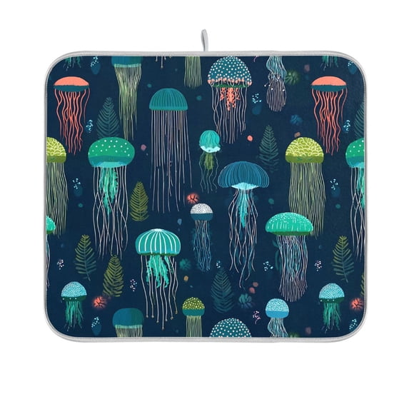 Yayeee Dish Drying Mat for Kitchen Counter 16"x18" Microfiber Absorbent Pad, Green Jellyfish Pattern