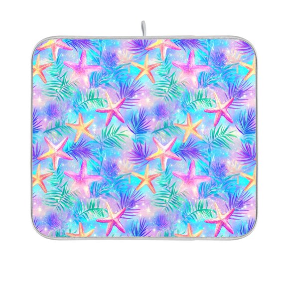 Yayeee Dish Drying Mat for Kitchen Counter 16"x18" Microfiber Absorbent Pad, Neon Starfish Pattern