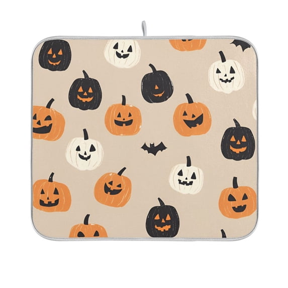 Yayeee Dish Drying Mat for Kitchen Counter 16"x18" Microfiber Absorbent Pad, Beige Halloween Pumpkin