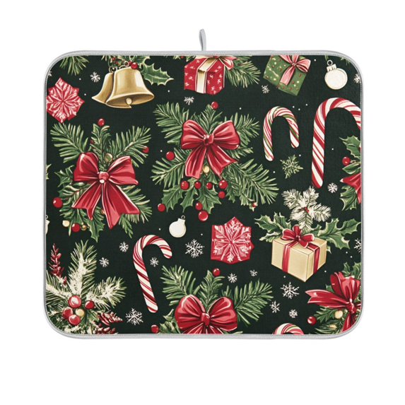 Yayeee Dish Drying Mat for Kitchen Counter 16"x18" Microfiber Absorbent Pad, Black Christmas Holly
