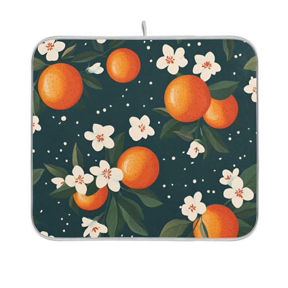 Yayeee Dish Drying Mat for Kitchen Counter 16"x18" Microfiber Absorbent Pad, Blue Floral Oranges