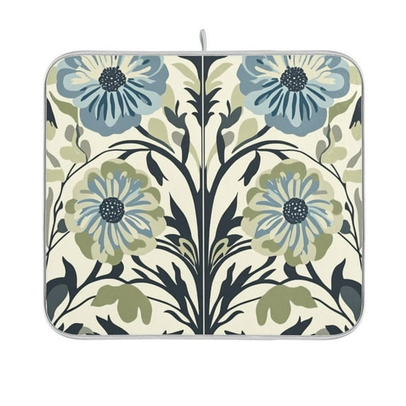 Yayeee Dish Drying Mat for Kitchen Counter 16"x18" Microfiber Absorbent Pad, Blue Floral Pattern