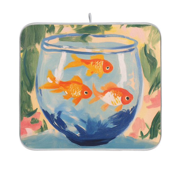 Yayeee Dish Drying Mat for Kitchen Counter 16"x18" Microfiber Absorbent Pad, Blue Goldfish Bowl