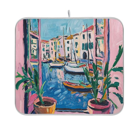 Yayeee Dish Drying Mat for Kitchen Counter 16"x18" Microfiber Absorbent Pad, Blue Plants Window