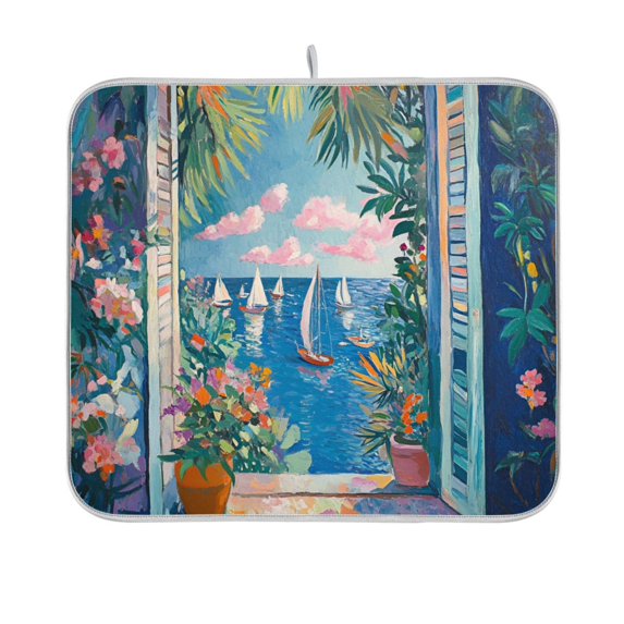 Yayeee Dish Drying Mat for Kitchen Counter 16"x18" Microfiber Absorbent Pad, Blue Sea