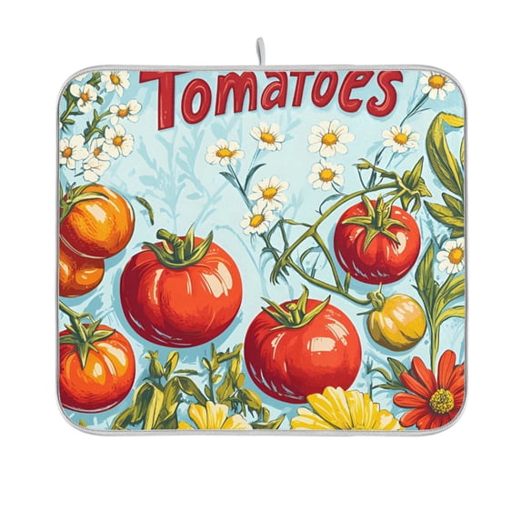 Yayeee Dish Drying Mat for Kitchen Counter 16"x18" Microfiber Absorbent Pad, Blue Tomatoes