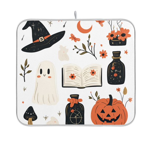Yayeee Dish Drying Mat for Kitchen Counter 16"x18" Microfiber Absorbent Pad, Cartoon Halloween Ghosts