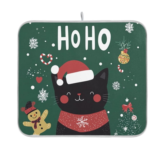 Yayeee Dish Drying Mat for Kitchen Counter 16"x18" Microfiber Absorbent Pad, Christmas Cat