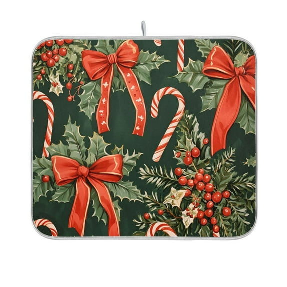 Yayeee Dish Drying Mat for Kitchen Counter 16"x18" Microfiber Absorbent Pad, Christmas Holly Bows