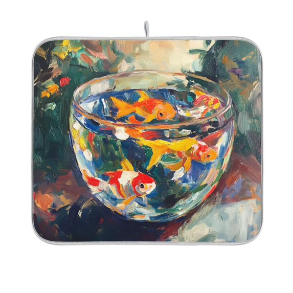Yayeee Dish Drying Mat for Kitchen Counter 16"x18" Microfiber Absorbent Pad, Colorful Goldfish