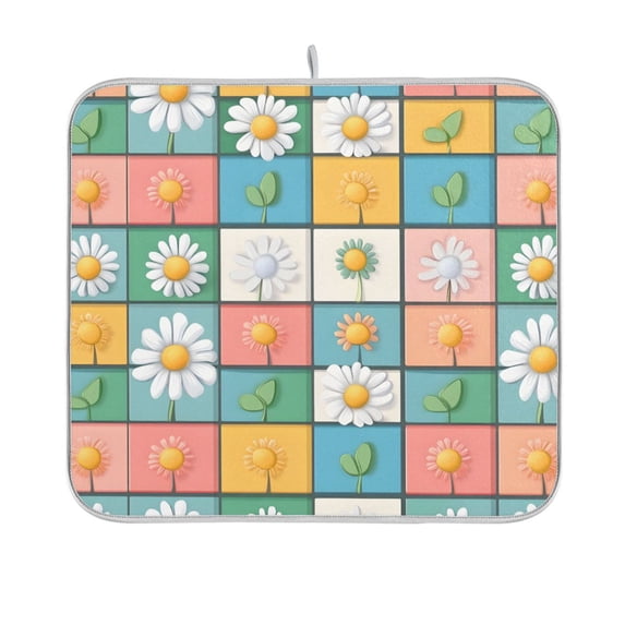 Yayeee Dish Drying Mat for Kitchen Counter 16"x18" Microfiber Absorbent Pad, Daisy Mosaic