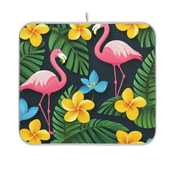 Yayeee Dish Drying Mat for Kitchen Counter 16"x18" Microfiber Absorbent Pad, Flamingo Floral Pattern