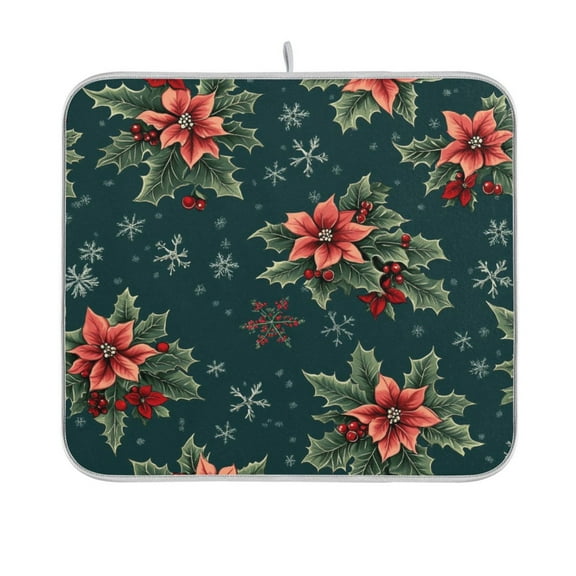 Yayeee Dish Drying Mat for Kitchen Counter 16"x18" Microfiber Absorbent Pad, Floral Christmas