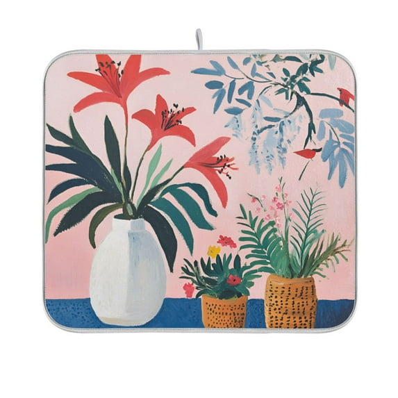 Yayeee Dish Drying Mat for Kitchen Counter 16"x18" Microfiber Absorbent Pad, Flowers and Leaves