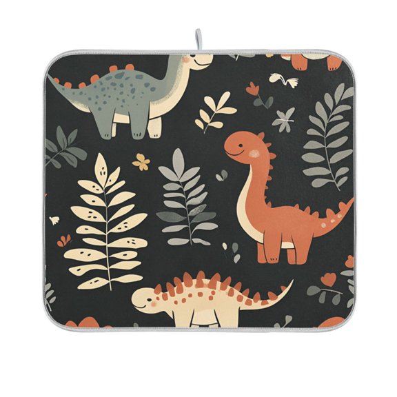 Yayeee Dish Drying Mat for Kitchen Counter 16"x18" Microfiber Absorbent Pad, Gray Dinosaur