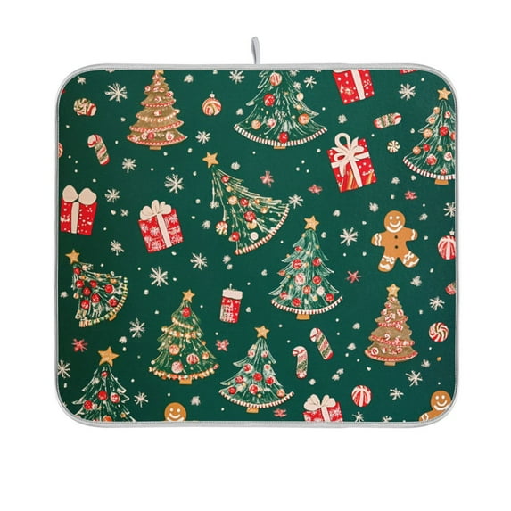 Yayeee Dish Drying Mat for Kitchen Counter 16"x18" Microfiber Absorbent Pad, Green Christmas Gingerbread