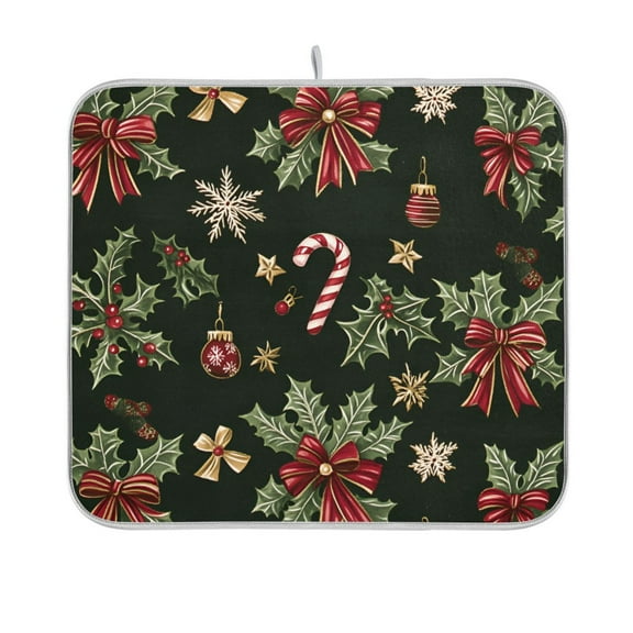Yayeee Dish Drying Mat for Kitchen Counter 16"x18" Microfiber Absorbent Pad, Green Christmas Holly