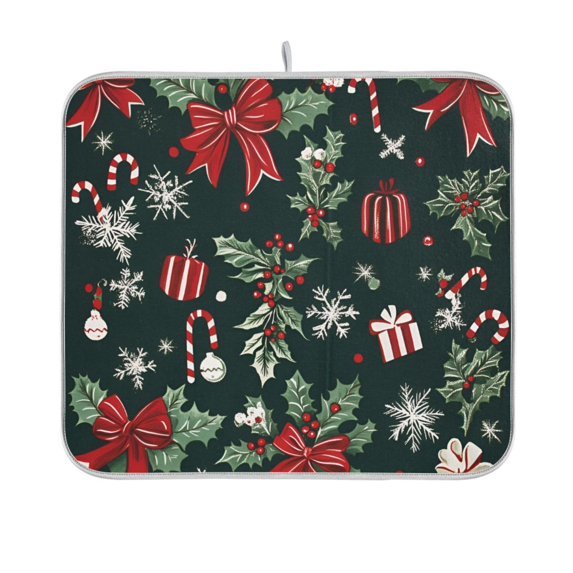 Yayeee Dish Drying Mat for Kitchen Counter 16"x18" Microfiber Absorbent Pad, Green Christmas