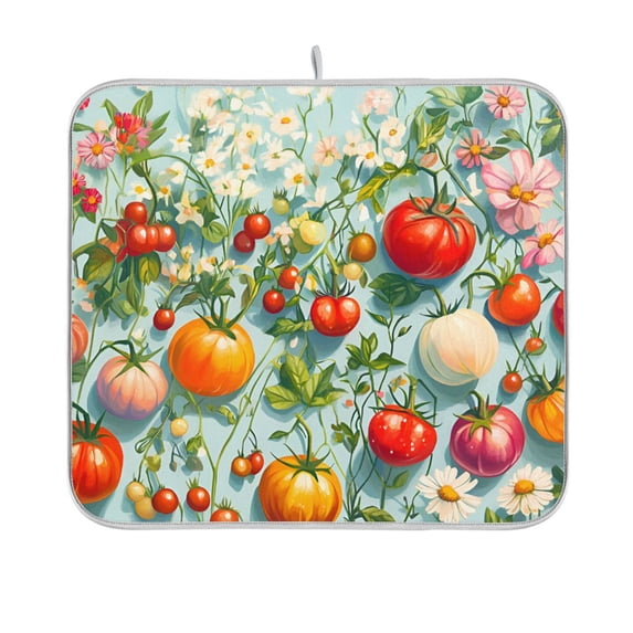Yayeee Dish Drying Mat for Kitchen Counter 16"x18" Microfiber Absorbent Pad, Green Floral Tomatoes