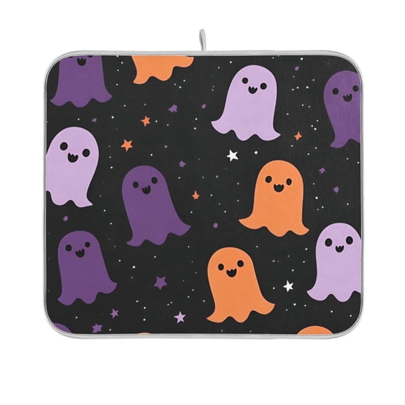 Yayeee Dish Drying Mat for Kitchen Counter 16"x18" Microfiber Absorbent Pad, Halloween Orange Ghosts