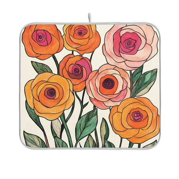 Yayeee Dish Drying Mat for Kitchen Counter 16"x18" Microfiber Absorbent Pad, Hand Drawn Floral