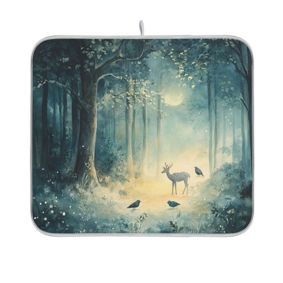 Yayeee Dish Drying Mat for Kitchen Counter 16"x18" Microfiber Absorbent Pad, Night Forest Scene