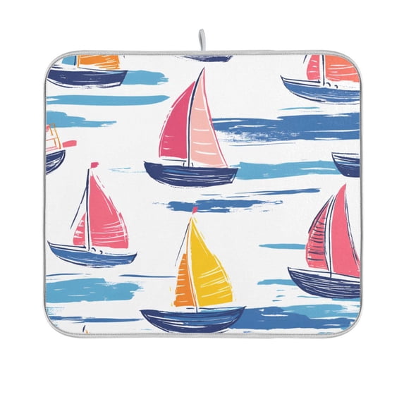 Yayeee Dish Drying Mat for Kitchen Counter 16"x18" Microfiber Absorbent Pad, Pink Hand Drawn Sailboats