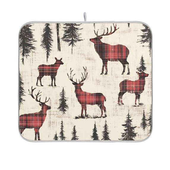 Yayeee Dish Drying Mat for Kitchen Counter 16"x18" Microfiber Absorbent Pad, Plaid Deer