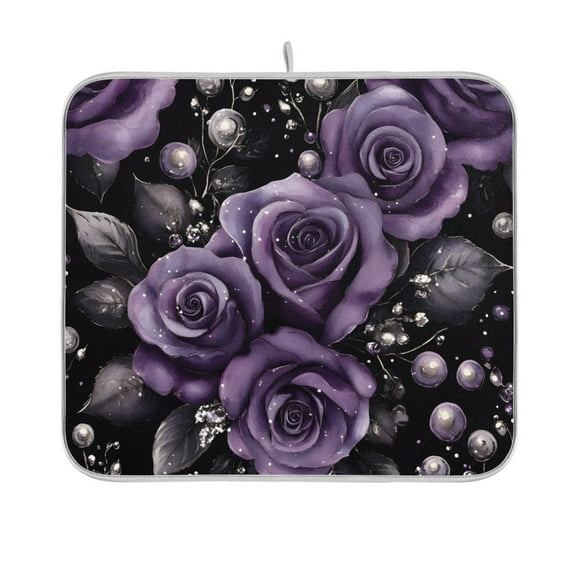 Yayeee Dish Drying Mat for Kitchen Counter 16"x18" Microfiber Absorbent Pad, Purple Roses