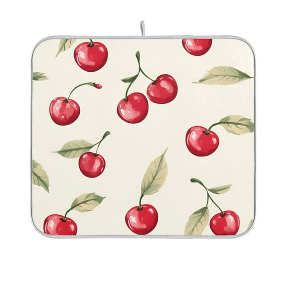 Yayeee Dish Drying Mat for Kitchen Counter 16"x18" Microfiber Absorbent Pad, Red Cherry