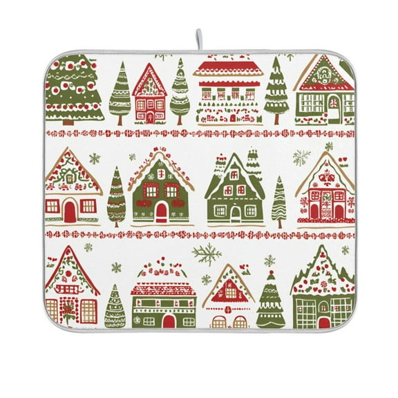Yayeee Dish Drying Mat for Kitchen Counter 16"x18" Microfiber Absorbent Pad, Red Christmas House