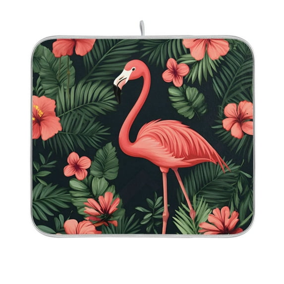Yayeee Dish Drying Mat for Kitchen Counter 16"x18" Microfiber Absorbent Pad, Red Flamingo Pattern